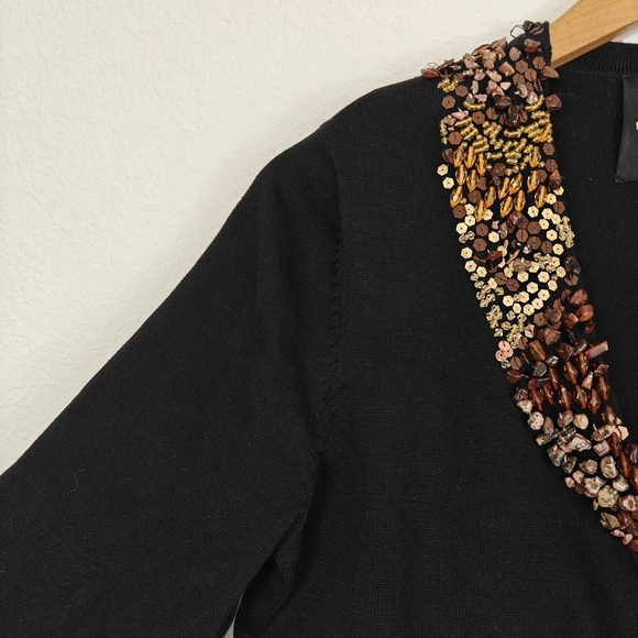 Michael Simon Black Sweater Cartigan Brown beaded V-neck 3/4 Sleeve Silk Blend S - Picture 8 of 12